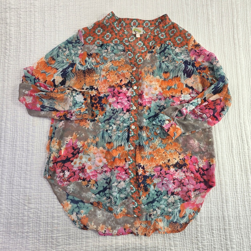 Fig & Flower Floral Peasant Blouse XL Boho Cottagecore Tunic Festival Roll Tab